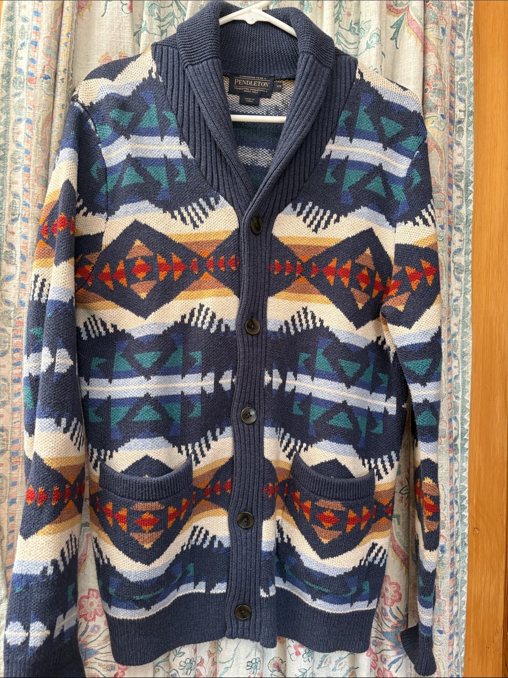 Pendleton Men’s Navy Multi Shawl Collar Cardigan with Southwestern Pattern